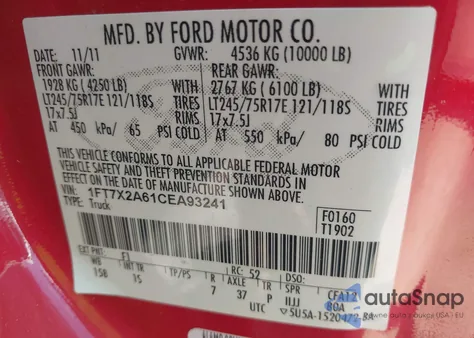 2012 Ford F250 Super Duty z USA, uszkodzony, nr VIN 1FT7X2A61CEA93241